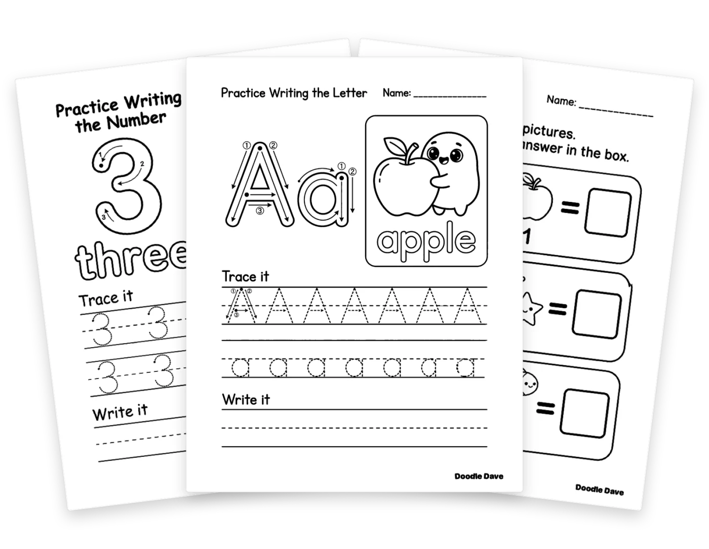Printable letter A, number 3 and addition worksheets fanned out