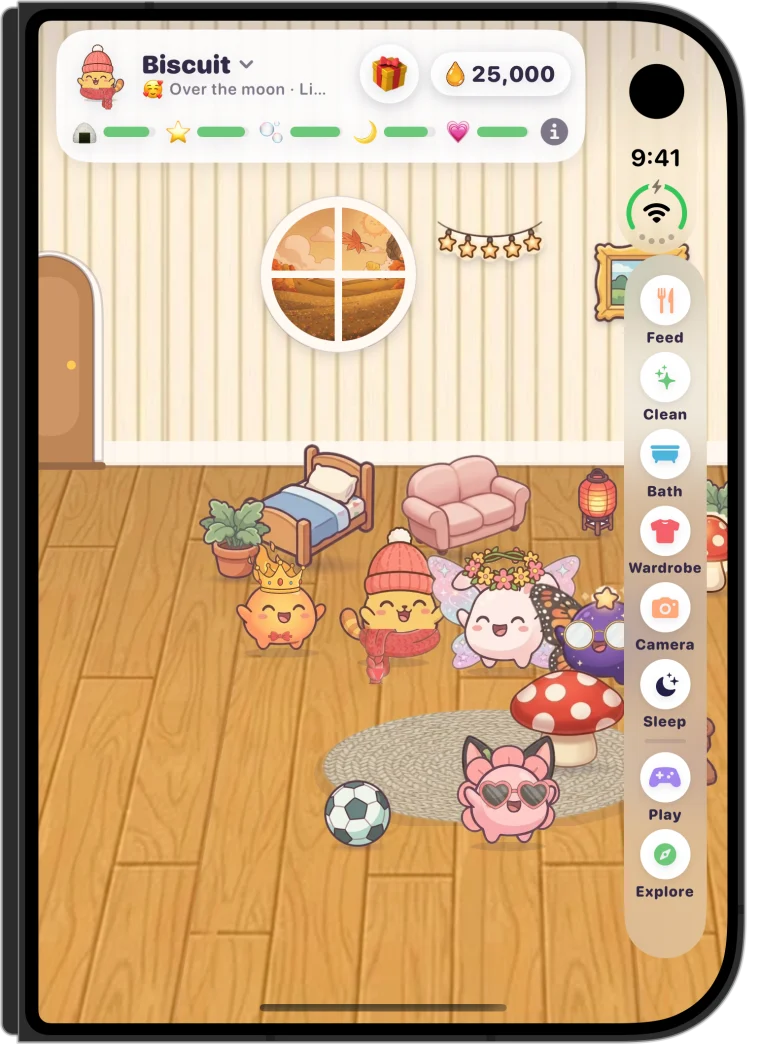 Caring for five dressed-up Tucklings on the folded iPhone Duo outer screen