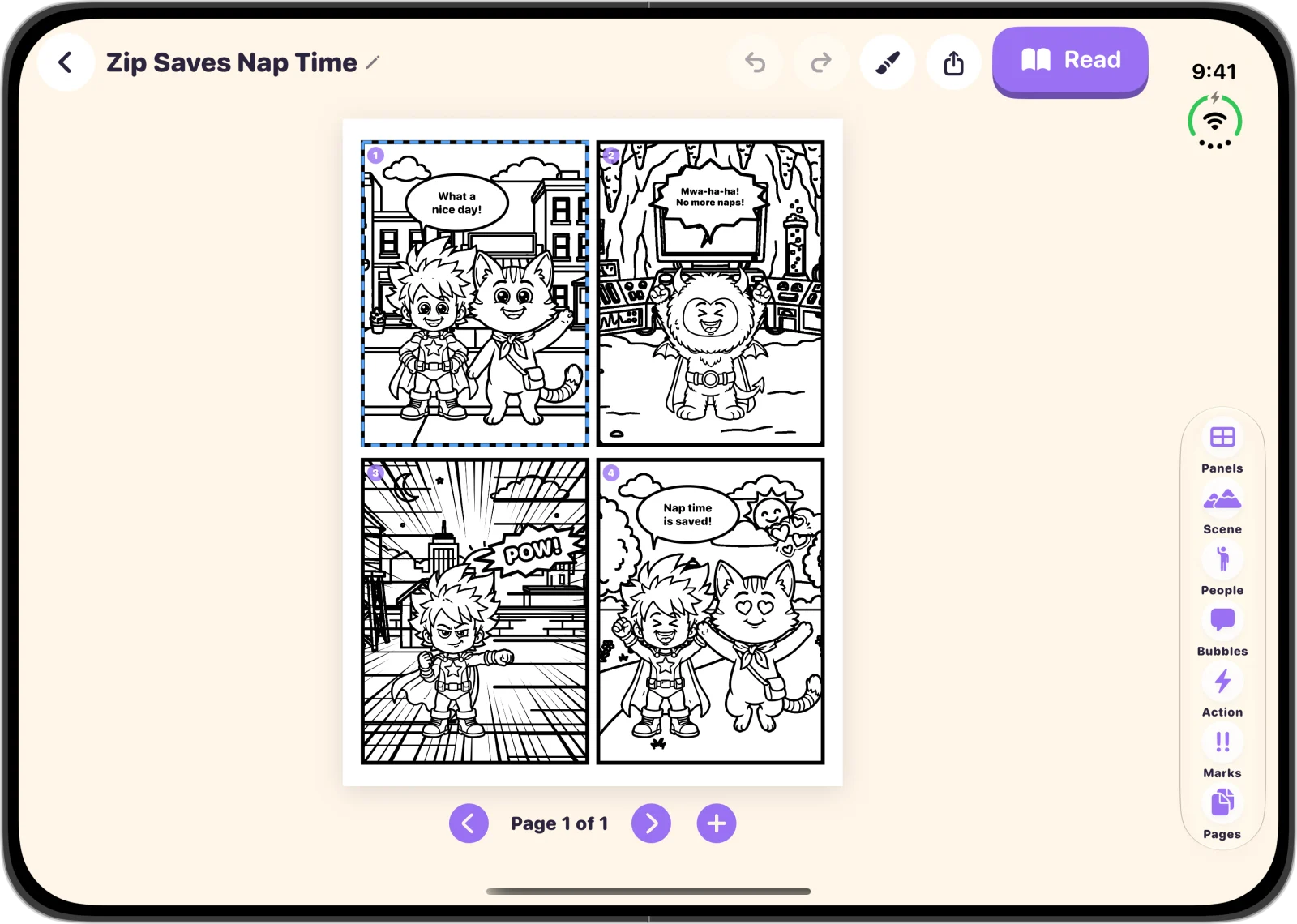 A finished four-panel comic titled Zip Saves Nap Time in Comic Studio on unfolded iPhone Duo