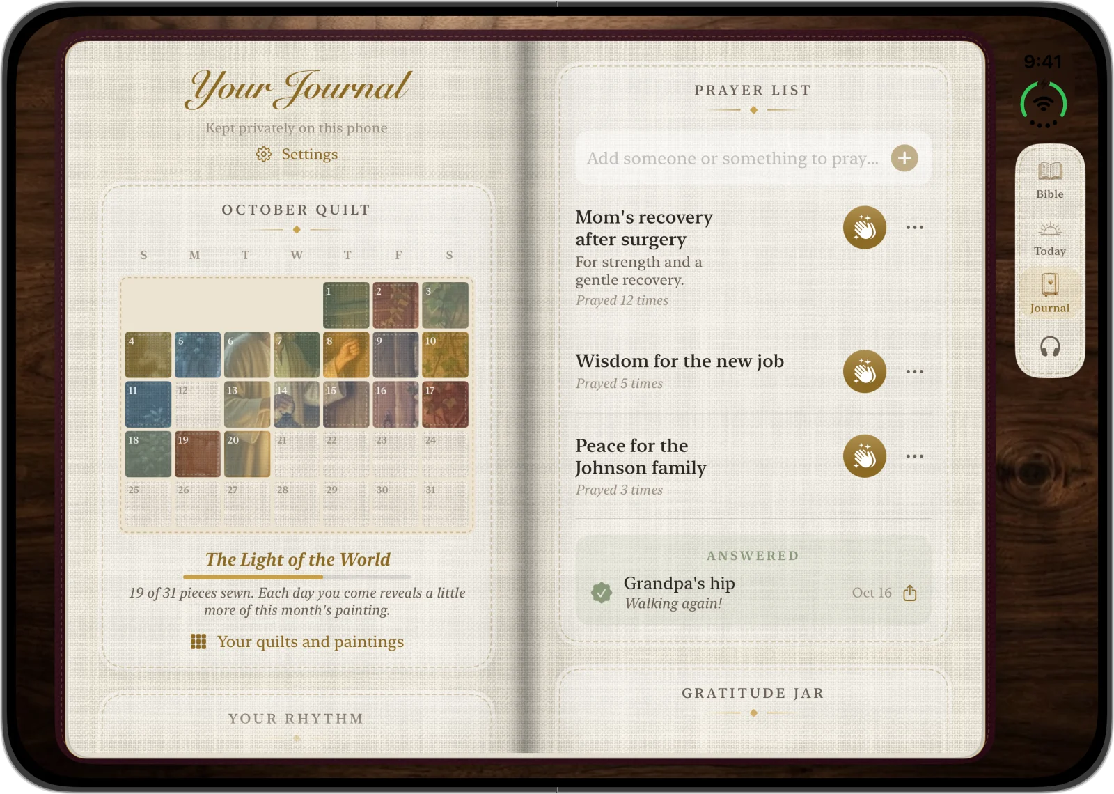 The October mood quilt and the prayer list on iPhone Duo
