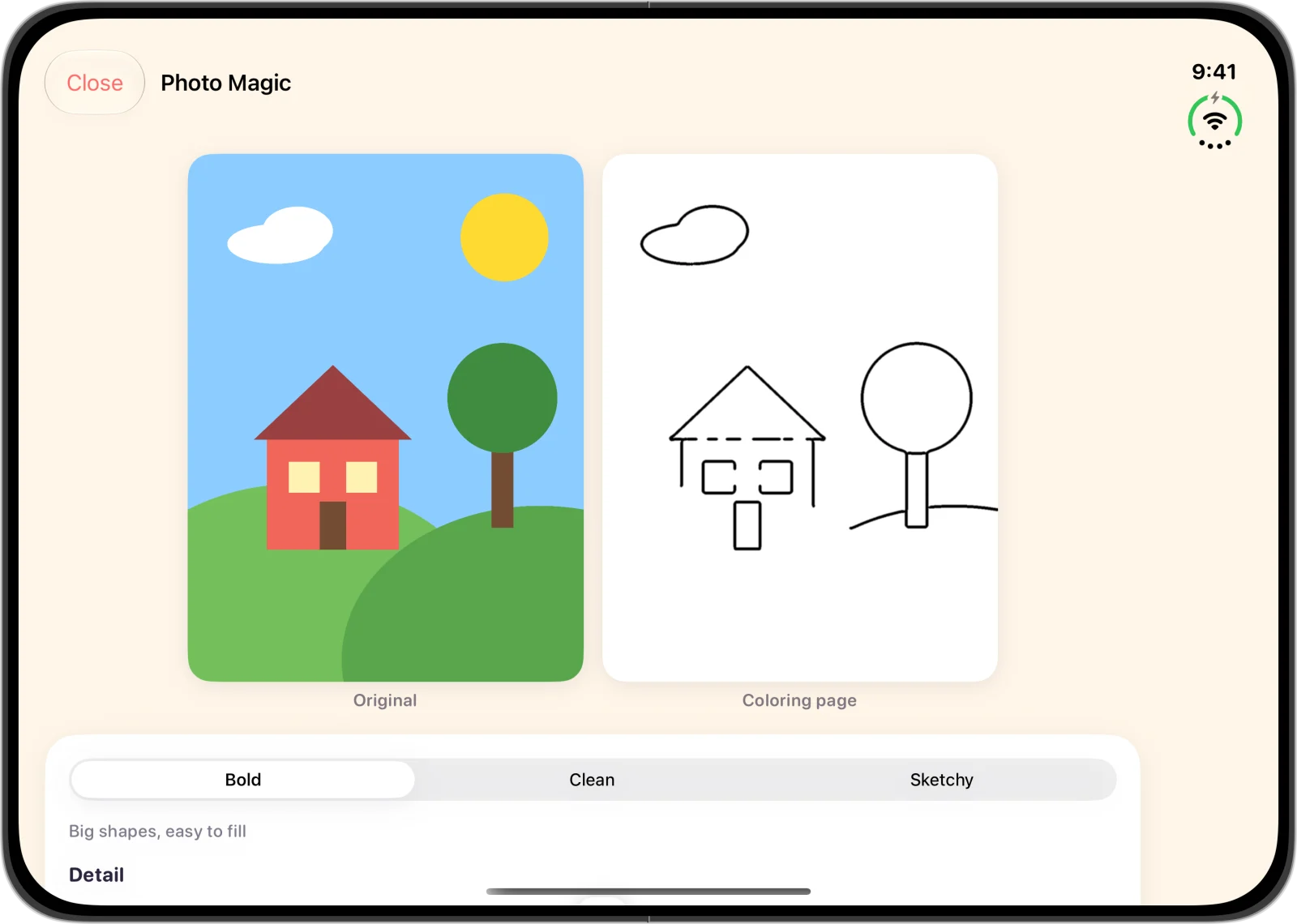 A photo and its coloring-page version side by side on unfolded iPhone Duo