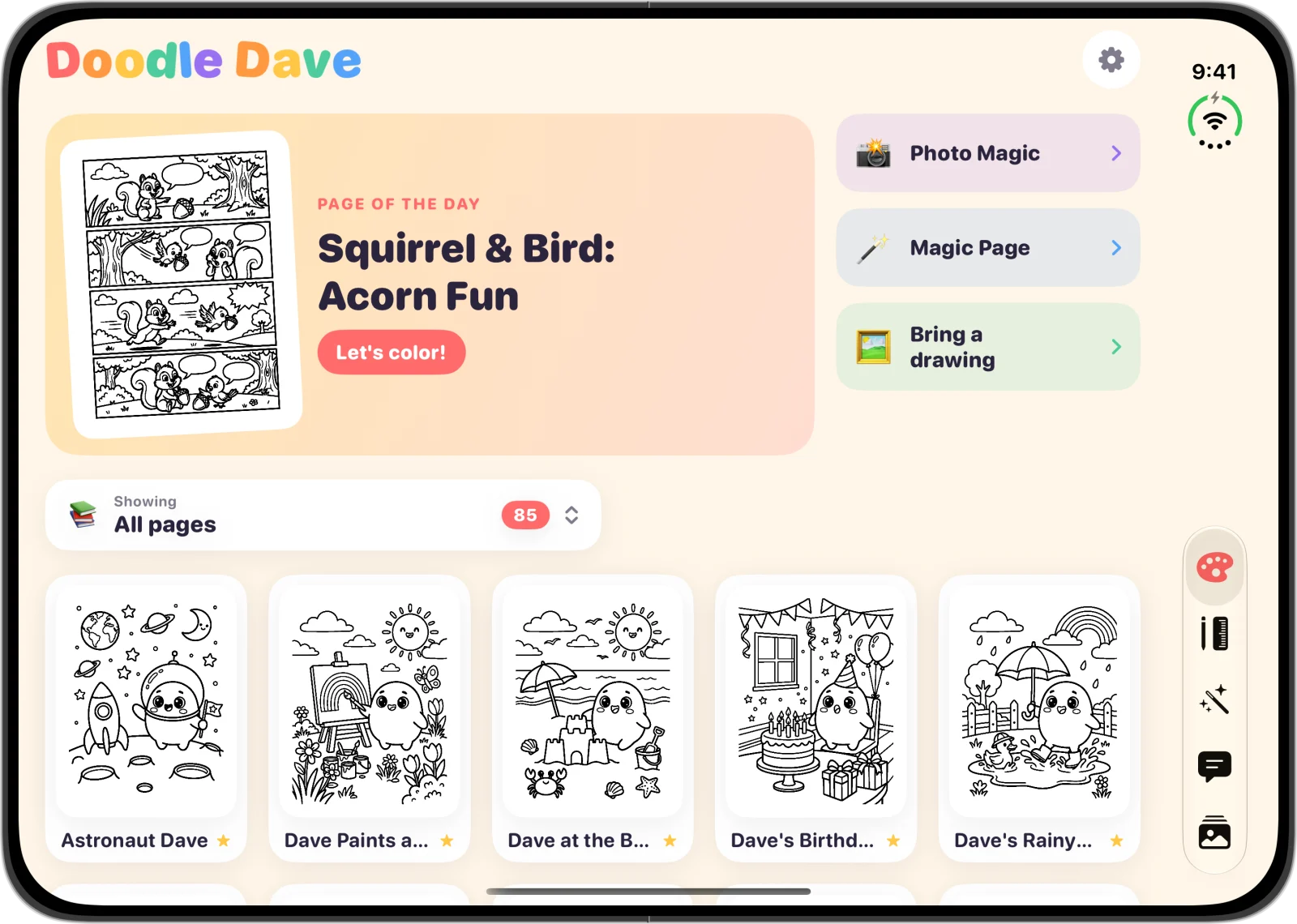 The coloring-page library on unfolded iPhone Duo