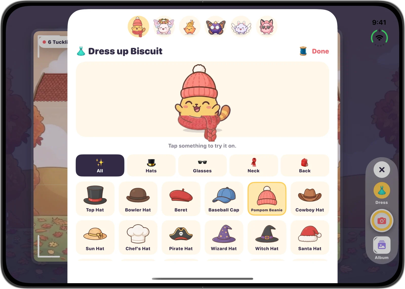 Dressing up a Tuckling at the hat shelf on unfolded iPhone Duo