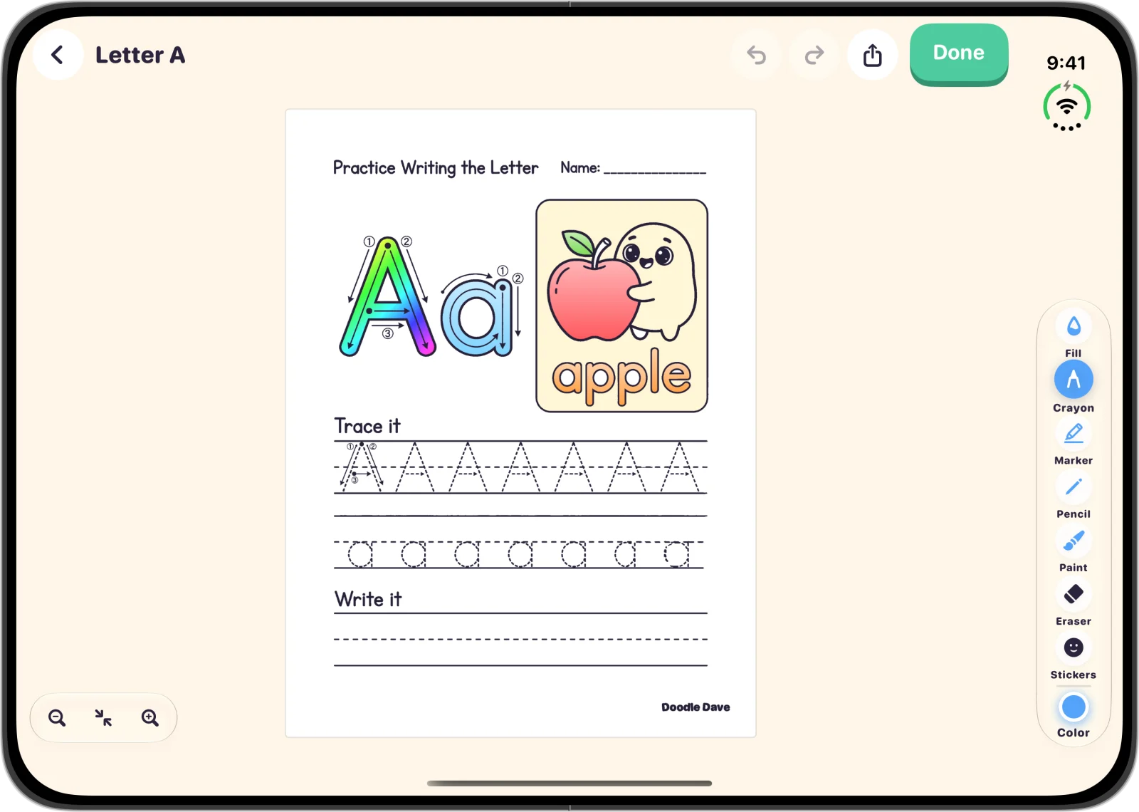 Letter A worksheet traced and colored on unfolded iPhone Duo
