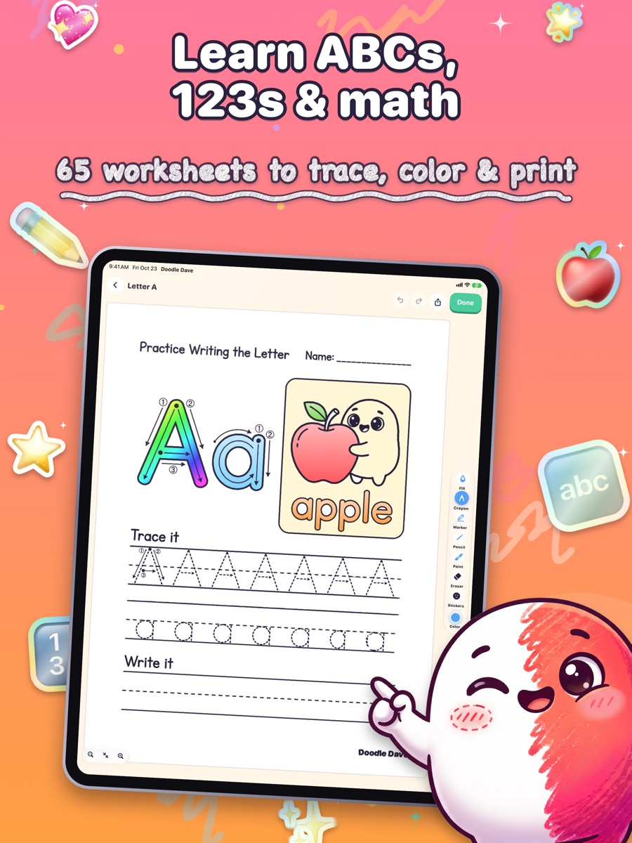 Learn ABCs, 123s and math with 65 worksheets on iPad