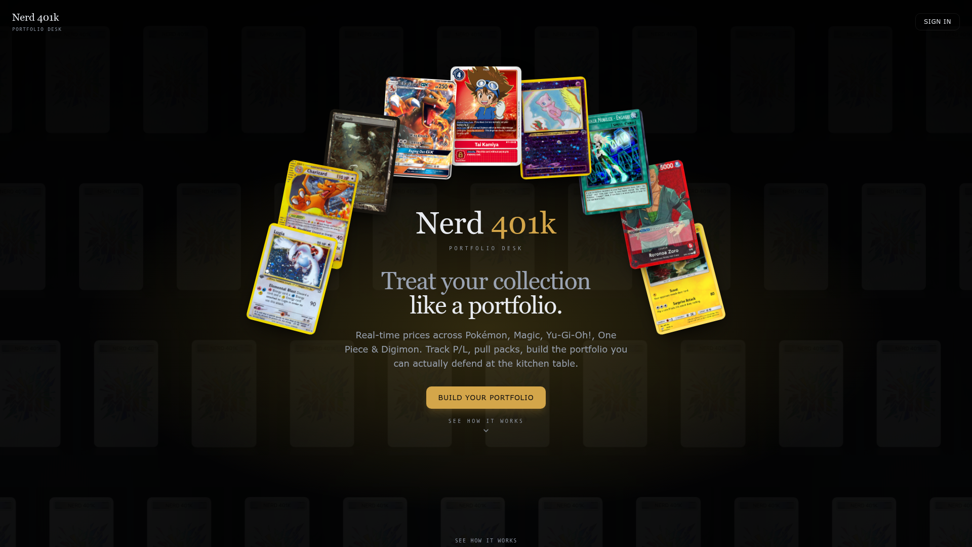 Nerd 401k — portfolio desk for trading card collectors across Pokémon, Magic, Yu-Gi-Oh!, One Piece & Digimon